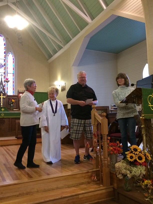 Ruth Ann (Sanny) Blakney and Peter Grant being recognised for their many years of dedication to St. Luke's Annual Variety Show, October 7, 2018.